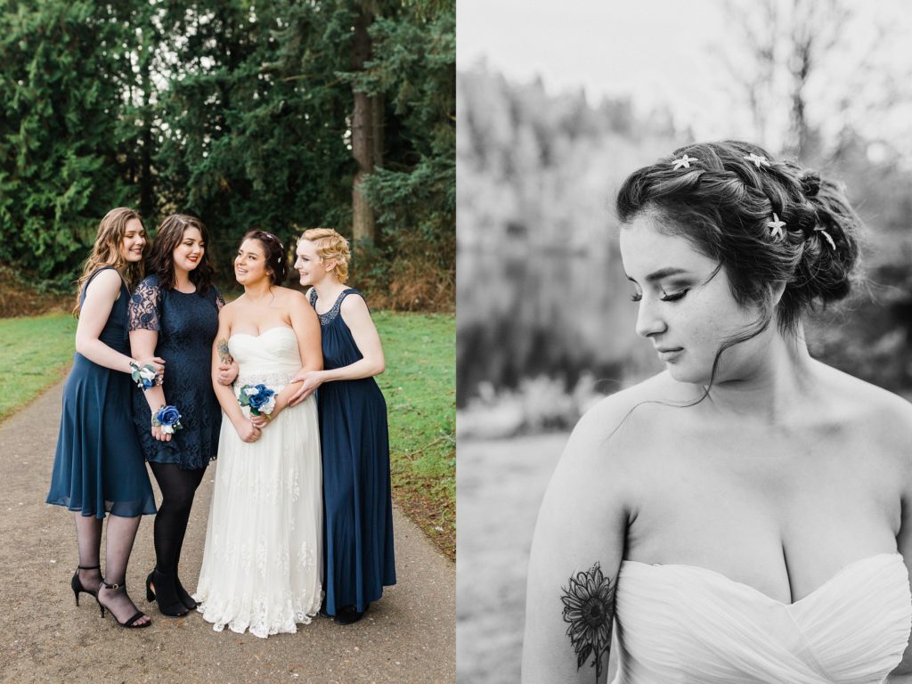 Black and white of bride with starfish hairpins in a loose braid