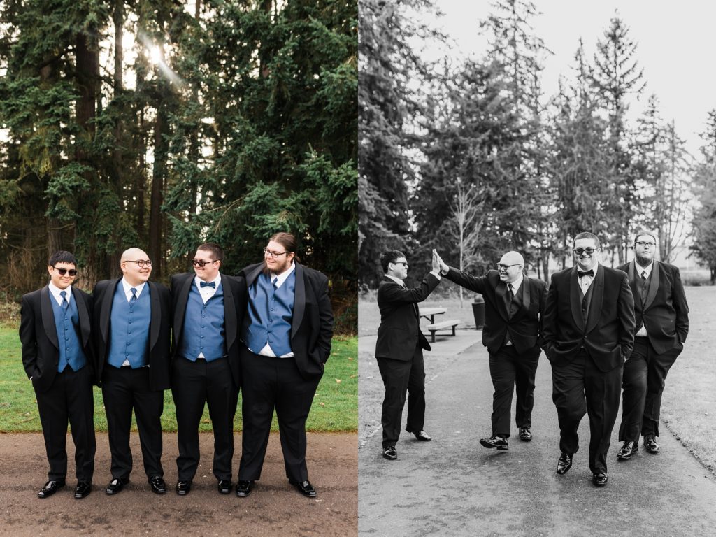 black and white of groomsmen highfiving