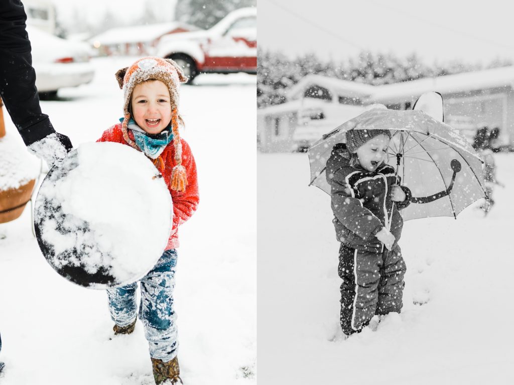 boy fills barbecue lid with snow to throw at dad 